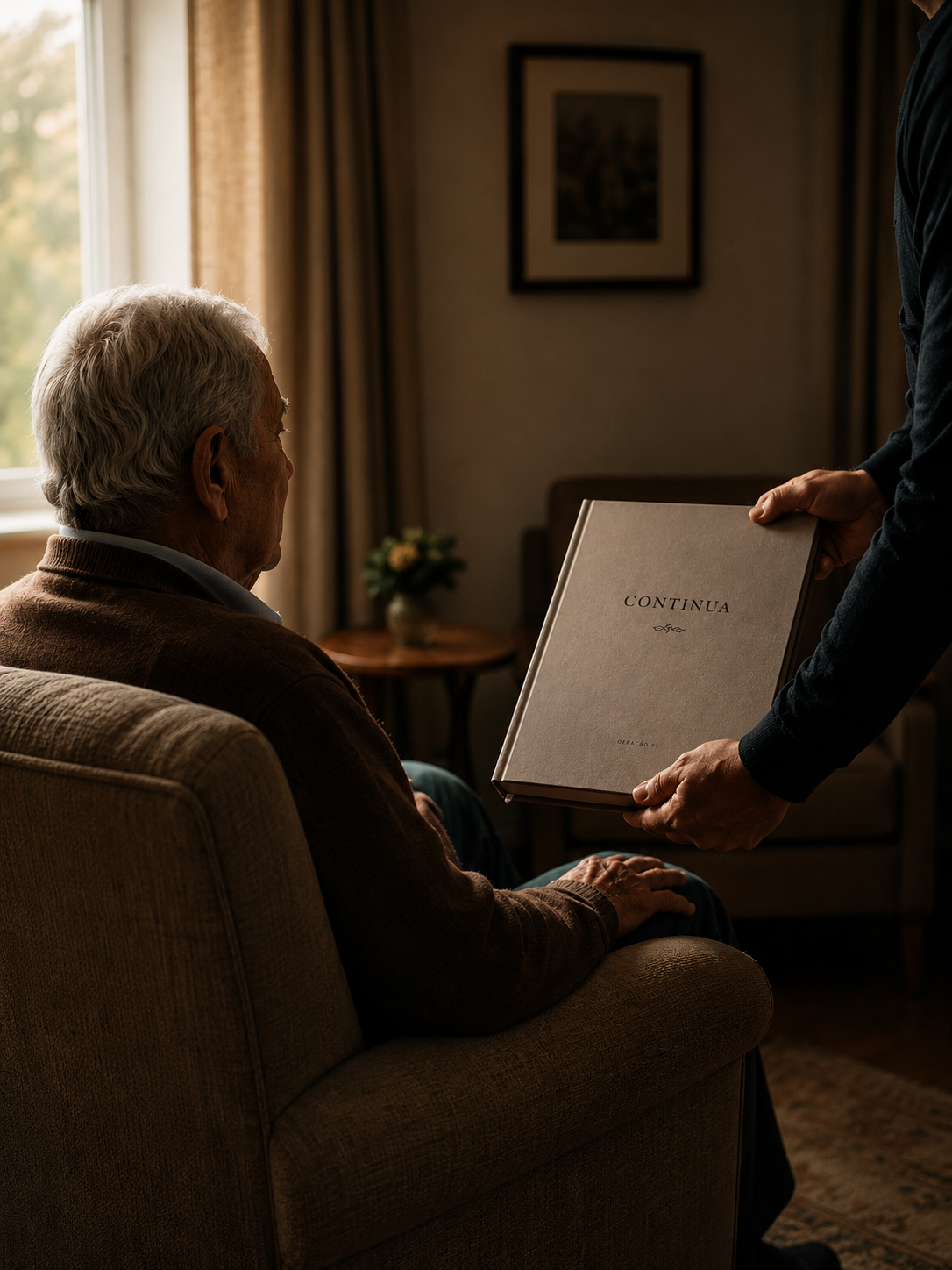 Homem idoso recebe o livro CONTINUA durante um encontro