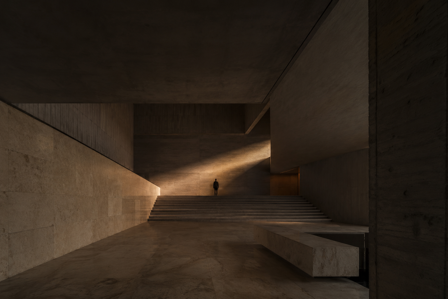 Figura isolada em uma arquitetura monumental contemporânea